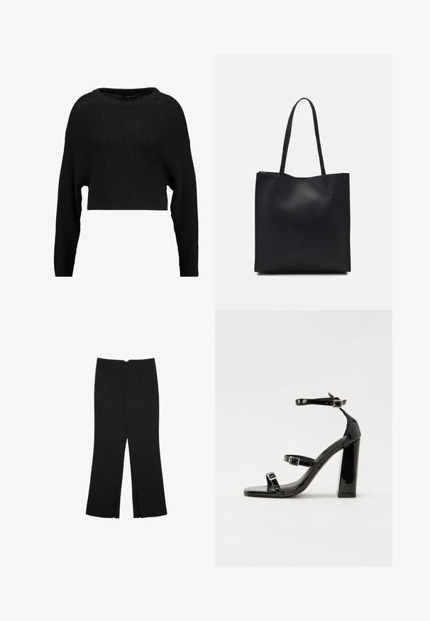 Čierny skrátený pletený sveter s voľným strihom, širokým výstrihom a dlhými rukávmi, s textúrovaným rebrovaným vzorom po celom povrchu.; Čierne nohavice so strihom rovného strihu, s prednými vreckami a bočnými rozparkami na leme. Vyrobené z mäkkej, hladkej tkaniny. Vhodné na rôzne príležitosti.; Čierne lakované sandále na podpätku so štvorcovou špičkou, navlečenými remienkami okolo členku a striebornými prackami. Disponujú masívnym blokovým podpätkom pre stabilitu.; Čierna kožená taška na rameno s hladkým povrchom, obdĺžnikovým tvarom a dvoma dlhými uchami. Bez viditeľného kovania alebo ozdôb.