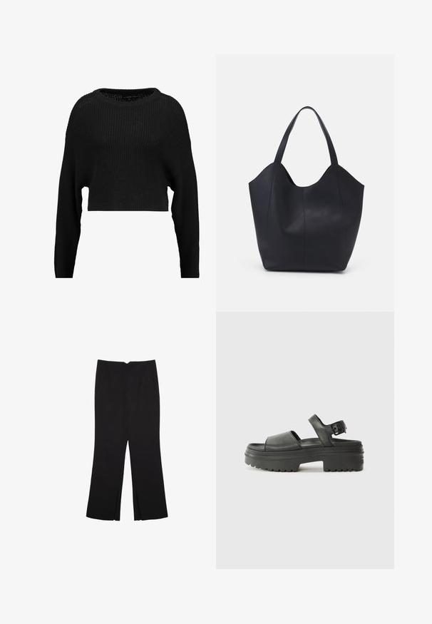 Schwarzer, kurzer Strickpullover mit lockerer Passform, weitem Ausschnitt und langen Ärmeln, der ein strukturiertes Rippmuster aufweist.; Schwarze Hose mit geradem Schnitt, ausgestattet mit Fronttaschen und Seitenschlitzen am Saum. Hergestellt aus weichem, glattem Stoff. Geeignet für verschiedene Anlässe.; Schwarze Plattform-Sandalen aus strukturiertem Material mit offenen Zehen, einem Knöchelriemen und einer dicken, geriffelten Gummisohle.; Schwarze Tote-Bag aus glattem Leder, mit einem abgerundeten, offenen Oberteil, zwei Schulterträgern und einem minimalistischen Design.