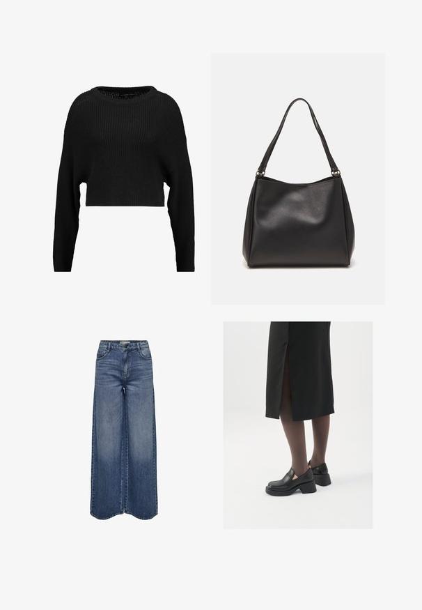 Zwarte gekorte gebreide trui met een losse pasvorm, wijde halslijn en lange mouwen, met een getextureerd ribpatroon overal.; Wijduitlopende blauwe denim jeans met een hoge taille, een klassiek ontwerp met vijf zakken en een vervaagde wassing voor een ontspannen pasvorm.; Zwarte leren schoenen met een ronde neus, dikke blokhak en elastische zijkanten, gecombineerd met donkere panty's en een zwarte rok met een split.; Zwarte synthetische leren handtas met een zachte textuur, hobo-vorm en dubbele schouderbanden; heeft een glanzende afwerking en een minimalistisch ontwerp.