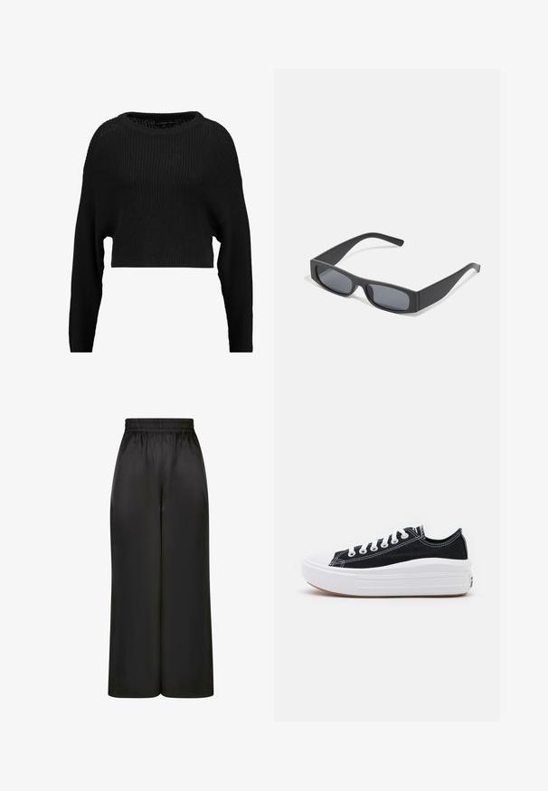 Zwarte gekorte gebreide trui met een losse pasvorm, wijde halslijn en lange mouwen, met een getextureerd ribpatroon overal.; Zwarte wijde broek gemaakt van soepel, glanzend materiaal met een elastische tailleband en zonder zichtbare zakken of hardware-details.; Zwarte canvas sneakers met witte veters, een witte rubberen teenkap en een chunky witte tussenzool. Bevat subtiele witte stiksels en een gumzool.; Zwarte rechthoekige zonnebril met donkere lenzen en dikke matte monturen. De zijstukken zijn licht taps toelopend met een gladde textuur.