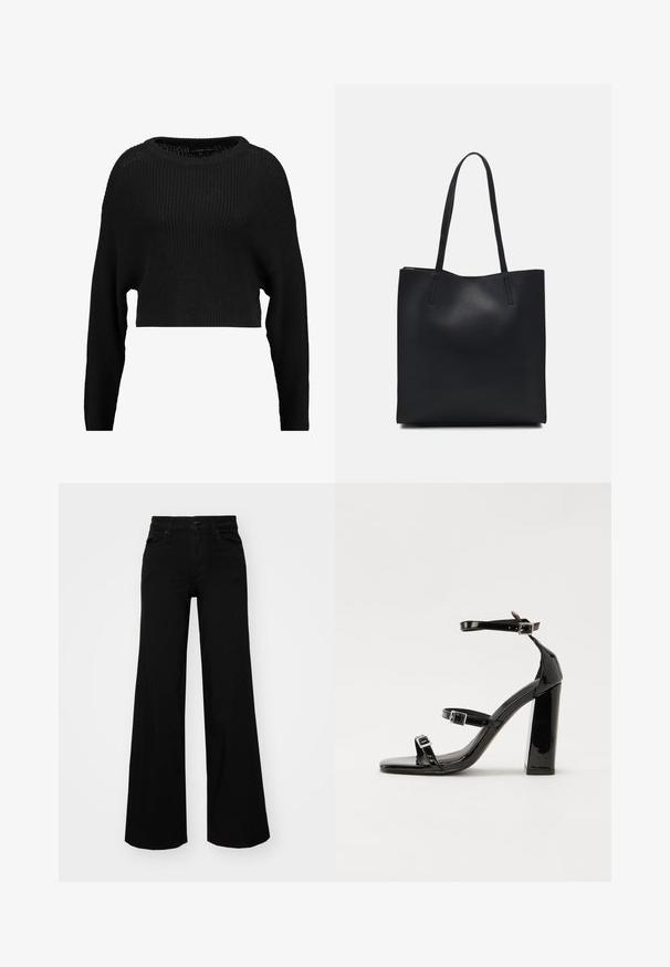 Black cropped knit sweater with a loose fit, wide neckline, and long sleeves, featuring a textured ribbed pattern throughout.; Black wide-leg pants made of denim, featuring a structured waistband, belt loops, and front pockets. Smooth texture with a classic design.; Black patent heeled sandals with a square toe, ankle straps, and silver buckles. Features a chunky block heel for stability.; Black leather tote bag with smooth texture, rectangular shape, and two long handles. No visible hardware or embellishments.