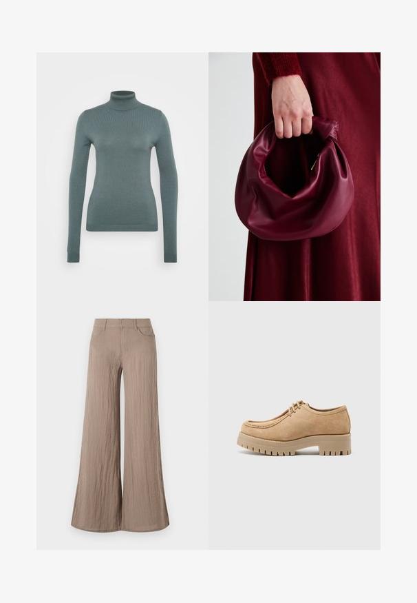Pikend varrukatega kõrge kaelusega kampsun vaigistatud teal värvuses, valmistatud soonikust kangast, omades istuvat siluetti ja venitatavat tekstuuri.; Kergelt pruunid laiad püksid tekstuuriga viimistlusega, kõrge vöökohaga, ees olevate taskutega ja voolava, lõdvema siluetiga.; Beige nubukist kingad, millel on ümarad varbad, nööbideta disain ja paks tekstuuriga kummitald, mis on varustatud südeepse lõhenemisega haardeks.; Burgundia värvi nahk käekott, millel on pehme, kokku tõmmatav disain ja ümar kuju. Käepide on kindlalt kinnitatud, näidates siledaid pindu.