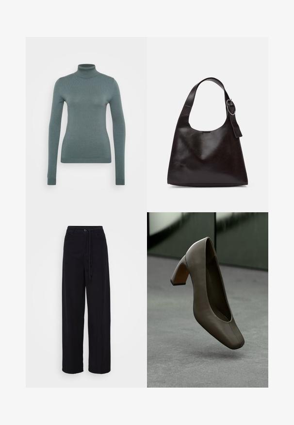 Hosszú ujjú garbó pulóver halk türkiz színben, bordás anyagból készült, testhezálló sziluettel és rugalmas textúrával.; Fekete, bő szárú nadrág húzózsinórral a derékrészen, gombos záródással és két oldalsó zsebbel. Könnyű anyagból készült, sima felülettel.; Sötét olíva zöld bőrből készült, négyzet alakú orrú, tömbsarkú magassarkú cipő, amely lebeg egy szürke betonpadlón, elmosódott zöld háttér előtt.; Barna bőr válltáska sima felülettel, lekerekített formával, széles pánttal és kör alakú fém akcentussal a fogantyún.