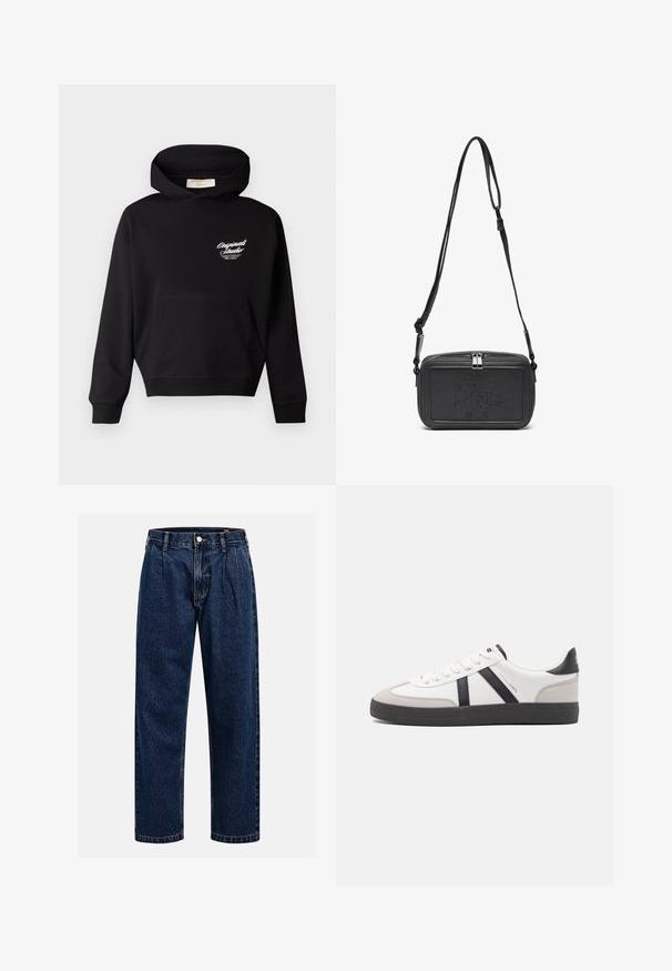 Melnā kapiņa, izgatavota no mīksta auduma, ar priekšējo kabatu, ribotām piedurknēm un baltu logo kreisās krūšu daļas apakšā.; Tumši zilie džinsu bikses ar taisna kāju dizainu. Iezīmējas redzamas šuves, pogu aizdare un priekšējie gurni papildu detaļām.; Baltas sneakeris ar melniem un pelēkiem akcentiem, kuram ir teksturēts pelēks purngals, melna gumijas zole un plakanas baltas šņores. Tīrs dizains, minimālisma stils.; Melna ādas soma uz pleca ar zīmolu, slēdzamu rāvējslēdzēju un regulējamu siksnu. Gluda tekstūra un taisnstūru forma.