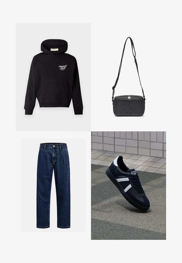 Schwarze Kapuzenjacke aus weichem Stoff, mit einer Fronttasche, gerippten Bündchen und einem weißen Logo im linken Brustbereich.; Dunkelblaue Denim-Jeans mit geradem Bein. Mit sichtbaren Nähten, einem Knopfverschluß und Frontfalten für zusätzliche Details.; Schwarze Leder-Sneaker mit weißen Streifen, strukturiertem Gummisohle und Schnürung. Verfügt über ein Markenetikett auf der Zunge.; Schwarze Leder-Crossbody-Tasche mit einem Reißverschluss, geprägtem Logo auf der Vorderseite und verstellbarem Riemen. Glatte Textur mit rechteckiger Form.