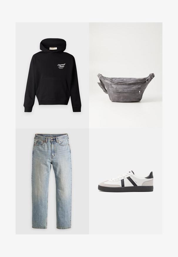 Černá mikina s kapucí vyrobená z měkké látky, s přední kapsou, žebrovanými manžetami a bílým logem na levém hrudníku.; Svetle modré džíny z denimu s vysokým pasem, předním knoflíkem, zipem a designem s pěti kapsami, ležící rovně na neutrálním pozadí.; Bílé tenisky s černými a šedými akcenty, opatřené texturovaným šedým prstovým krytem, černou gumovou podrážkou a plochými bílými tkaničkami. Čistý design, minimalistický styl.; Šedý semišový ledvinka s kulatým tvarem, dvěma zipovými přihrádkami a nastavitelným popruhem. Obsahuje kovové akcenty.