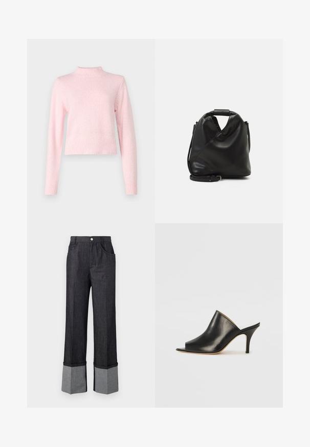 Pull léger rose à col montant et manches longues. Fabriqué dans une texture douce, il présente un ourlet et des poignets côtelés pour un look ajusté.; Pantalon large en denim foncé avec un revers gris contrastant, doté d'une fermeture à bouton et de deux poches avant. Texture lisse et design ajusté.; Mule ouverte en cuir noir avec un design élégant et courbé, un talon aiguille haut et une texture lisse. L'intérieur présente une couleur claire contrastante.; Sac en cuir noir et doux avec un design torsadé unique. Doté d'une courte poignée et d'une bandoulière amovible. Style minimaliste.