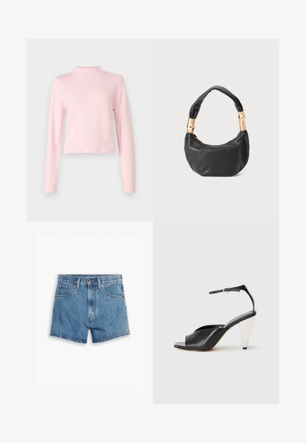 Lyserød sweater med høj hals og lange ærmer. Fremstillet af blød tekstur, med ribbet kant og manchetter for et tætsiddende look.; Denim shorts i lyseblå, med fem lommer, lynlås og knappelukning. Kanten er tattered med et afslappet fit design.; Sort læder højhælede sandaler med åben tå, asymmetrisk design, ankelrem og en metallisk kegleformet hæl. Glat tekstur hele vejen igennem.; Sort læder håndtaske med rund form, blød tekstur og en knyttet hank med guldfarvede hardware detaljer. Lynlåslukning.