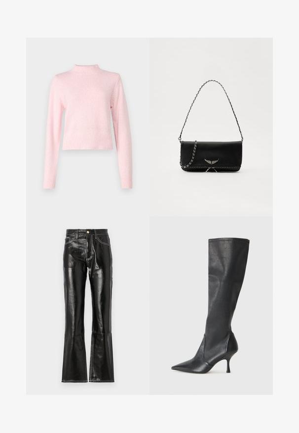 Svijetloružičasti pulover s visokim ovratnikom i dugim rukavima. Izrađen od mekog materijala, s rebrastim rubovima i manžetama za prilagođeni izgled.; Crne, visoko strukirane, raširene hlače od sjajnog materijala s kontrastnim bijelim šavovima i prednjim patentnim zatvaračem. Uključene su dvije prednje džepne.; Čizme od crne kože visine do koljena s šiljastim nosom i uskim stiletto potpeticama. Glatka tekstura s tijesnim dizajnom i šavovima na gornjoj ivici.; Crna kožna torba s srebrnim lanac strapom, s dekorativnim krilnim naglascima i bijelim šavovima duž donjeg šava.
