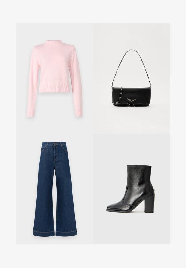 Világos rózsaszín pulóver magas nyakkal és hosszú ujjakkal. Puha anyagból készült, bordás szegéllyel és mandzsettákkal a testhezálló megjelenés érdekében.; Magas derekú, széles lábú kék farmernadrág, gombos záródással, övhurkokkal és diszkrét varrási részletekkel a zsebeknél és a szegélyeknél.; Fekete bőr bokacipő sima textúrával, hegyes orral és vastag, magas sarkával. Oldalnyílással és minimalista dizájnnal rendelkezik.; Fekete bőrtáska ezüstlánc pánttal, díszes szárnyakkal és fehér varrással az alsó varrat mentén.
