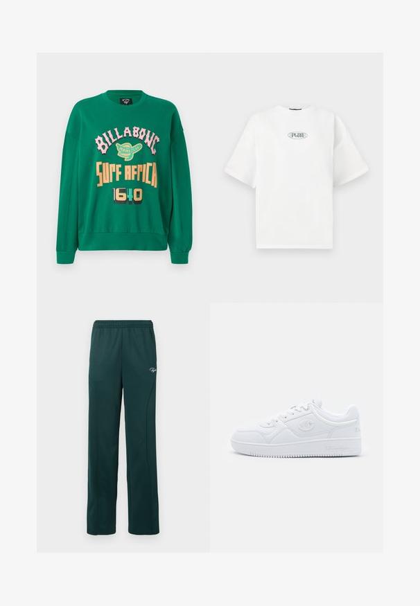 Sweatshirt verde com decote redondo, mangas longas e texto impresso em rosa, amarelo e preto. Material macio com punhos canelados.; T-shirt branco de manga curta feito de algodão, apresentando um logótipo gráfico em verde dentro de uma forma oval no centro do peito.; Calças de fato de treino verde-escuras feitas de um tecido macio, apresentando uma cintura elástica e costuras laterais, com um pequeno logótipo à frente.; Sapatilha branca feita de material sintético liso, com bico arredondado, sola plana e discretos detalhes do logótipo nas laterais. Design clássico de cano baixo.
