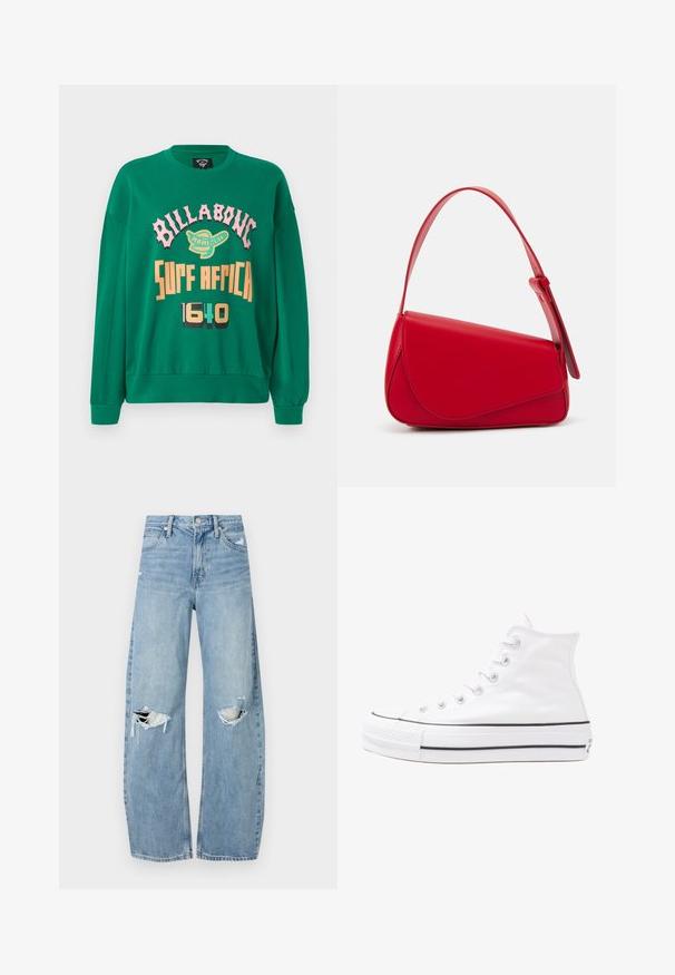Sudadera verde con cuello redondo, mangas largas y texto impreso en rosa, amarillo y negro. Material suave con puños acanalados.; Vaqueros de mezclilla de tiro alto en azul claro. Tienen piernas anchas, dos áreas desgastadas en las rodillas y un estilo clásico de cinco bolsillos.; Zapatilla de lona alta blanca con suela de goma negra, puntera de goma frontal y seis ojetes para los cordones, que presenta un diseño limpio y minimalista.; Bolso de cuero rojo con un diseño angular y geométrico. Cuenta con una única correa ajustable y un cierre de solapa con detalles de costura.
