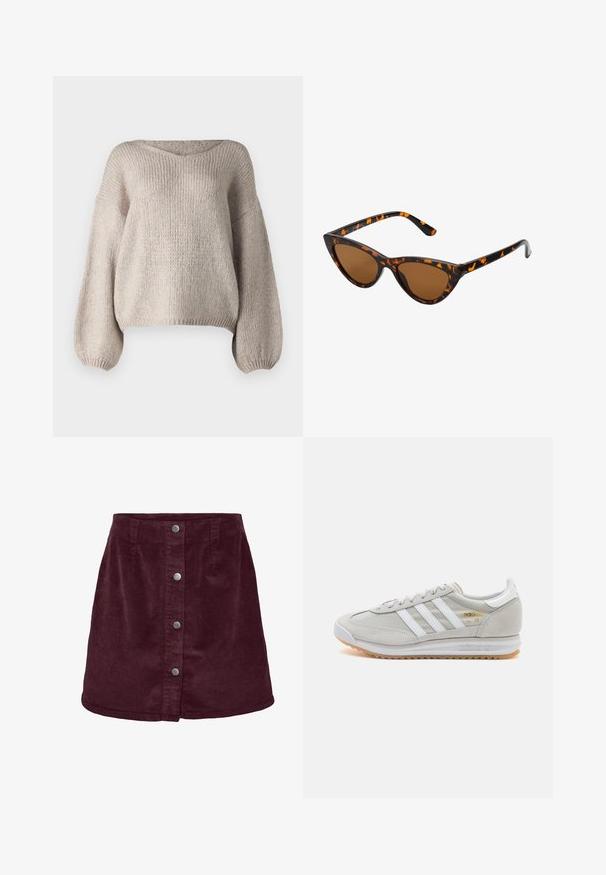Pull en tricot beige avec un large col en V, des manches longues bouffantes et un ourlet court. La texture est épaisse et douce, avec un design simple.; Jupe mini en velours côtelé bordeaux avec une forme évasée, dotée de cinq boutons argentés sur le devant et d'une texture côtelée subtile.; Basket en cuir suédé et mesh gris clair, avec trois bandes blanches, bout rond et semelle en caoutchouc naturel. Accent logo doré près des lacets.; Lunettes de soleil style œil de chat avec une monture en écaille de tortue noire et orange, verres marron et pointes effilées et élégantes. Présente un logo minimaliste sur la branche.