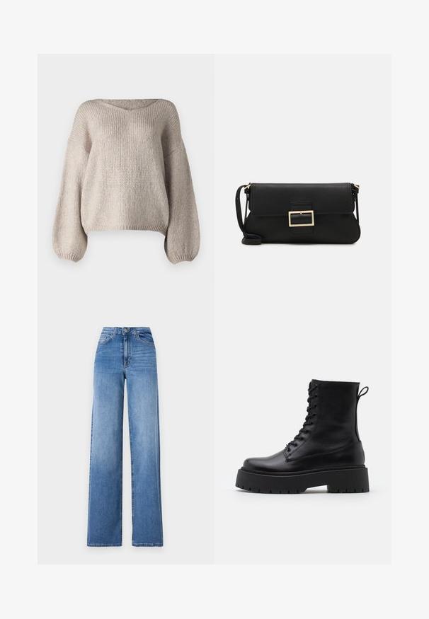 Beige knit sweater with a wide V-neck, long balloon sleeves, and a cropped hem. The texture is chunky and soft, featuring a simple design.; Light blue wide-leg jeans made of denim, featuring a high waist, front pockets, and a standard button closure. Smooth texture.; Black leather ankle boots with a round toe, lace-up front, and a thick rubber sole featuring a textured tread. Pull tab at the back.; Black leather clutch bag with a flap and a gold metal buckle detail. Includes a black strap and a sleek, minimalist design.; Silver hoop earrings with a minimalist design. Circular shape, smooth texture, and thin profile. Lightweight with a polished finish.
