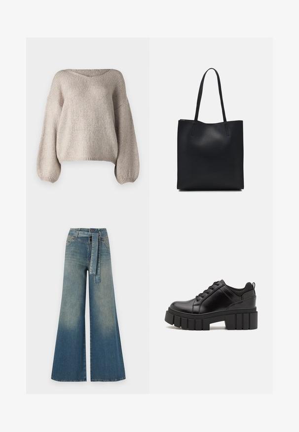 Beige knit sweater with a wide V-neck, long balloon sleeves, and a cropped hem. The texture is chunky and soft, featuring a simple design.; Wide-leg denim trousers featuring a light to dark blue gradient, high waist, belt loops, and a matching fabric belt. Textured denim finish.; Black leather platform shoes with a chunky block heel, round toe, and traditional lace-up design. Features smooth texture and minimal detailing.; Black leather tote bag with smooth texture, rectangular shape, and two long handles. No visible hardware or embellishments.