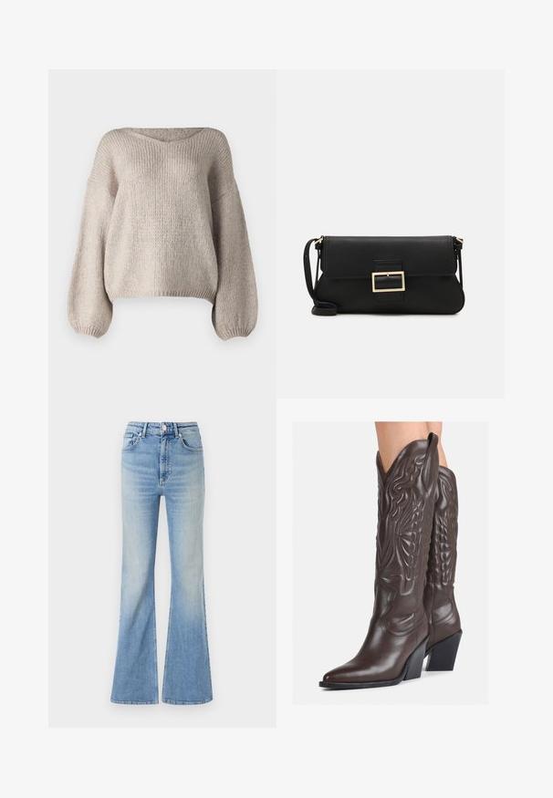 Suéter de punto beige con un amplio escote en V, mangas largas tipo globo y un bajo corto. La textura es gruesa y suave, con un diseño simple.; Jeans acampanados de color azul claro, hechos de mezclilla, con una cintura alta, diseño de cinco bolsillos y un ligero degradado que va hacia el dobladillo.; Botas de vaquero de cuero marrón con punta afilada y tacón cuadrado, que presentan costuras detalladas y acentos elevados en el caño.; Bolso de mano de cuero negro con una solapa y un detalle de hebilla de metal dorado. Incluye una correa negra y un diseño elegante y minimalista.; Pendientes de aro de plata con diseño retorcido, que presentan un acabado pulido y cierre de presión. Miden aproximadamente 3 cm de diámetro.