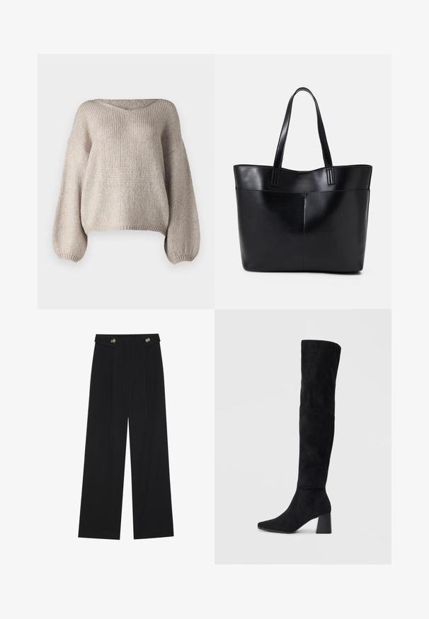 Pulover tricotat bej cu un decolteu în V larg, mâneci lungi tip balon și un hem croppat. Textura este groasă și moale, având un design simplu.; Pantaloni negri cu picioare largi, talie înaltă, detalii cu butoane pe talie și pliseuri în față.; Cizme negre din suede, cu toc bloc, vârf ascuțit și un design neted, fără cusături, pe un fundal deschis.; Geantă oversized din piele neagră, cu două mânere lungi, de textură netedă și formă structurată. Are un buzunar frontal pentru stocare suplimentară.