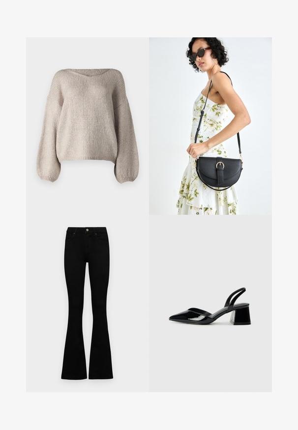 Beige neulepusero, jossa on leveä V-pääntie, pitkät ballooni-hihat ja lyhyt helma. Materiaali on paksua ja pehmeää, ja siinä on yksinkertainen muotoilu.; Mustat korkeavyötäröiset farkut nappi- ja vetskariyläosalla, etutaskuilla ja levenevillä lahkeilla, asetettuna tasaisesti valkoista taustaa vasten.; Mustat patentoitu nahkakengät, joissa on säären takaosa ja terävä kärki, sekä geometrinen palikkakorko. Sisältää tyylikkään, minimalistisen muotoilun ja sileän pinnan.; Musta nahkainen käsilaukku, joka on kaareva muotoilultaan, irrotettavalla hihnalla ja kultaisilla yksityiskohdilla. Laukussa on läppä, jossa on solk yksityiskohta.