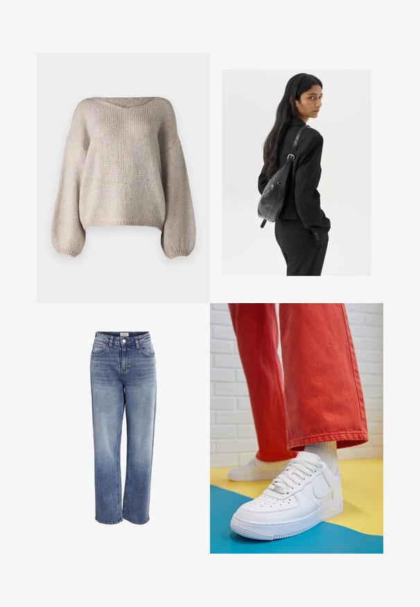 Bež pleteni pulover s širokim V-izrezom, dolgimi balonskimi rokavi in skrajšanim robom. Tekstura je debela in mehka, z enostavnim dizajnom.; Svijetloplave traper široke hlače visokog struka s prednjim džepovima i patentnim zatvaračem. Imaju izblijedjeli izgled i sirovi rub na gležnjevima.; Beli usnjeni športni čevlji s perforiranim prstnim delom, teksturiranim podplatom in belimi vezalkami, v kombinaciji s širokimi rdečimi hlačami in modro-rumeno ozadje.; Ženska z dolgimi temnimi lasmi, oblečena v črn kostim, nosi črno usnjeno torbo čez ramo in se ozira čez ramo proti beli podlagi.
