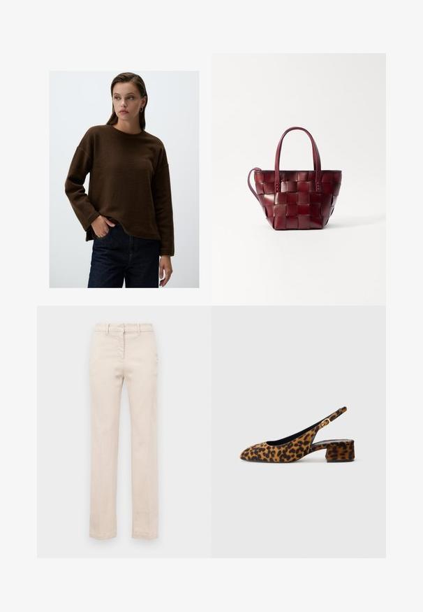 Bruine fleece sweatshirt met een ronde hals en lange mouwen, voorzien van een casual pasvorm en zijsplitten. Gecombineerd met donkere spijkerbroeken.; Beige katoenen broeken met een getailleerde pasvorm, rechte pijpen, een rits aan de voorkant en een gladde textuur. Voorzien van traditionele riemlussen.; Dames slingback schoen met luipaardprint, voorzien van een lage blokhak en een gouden gesp op de zijband, weergegeven in zijprofiel op een effen achtergrond.; Geweven bordeaux leren tote bag met twee korte handvatten en een afneembare schouderriem. Heeft een gestructureerde vorm en een gladde textuur.