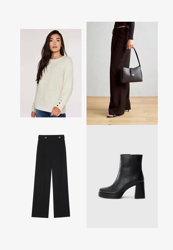 Pull en crème avec texture côtelée, col rond et accents de boutons sur les poignets. Associé à un jean en denim. Matière douce et confortable.; Pantalons larges noirs à taille haute, avec des détails de boutons à la taille et des plis sur le devant.; Bottine en cuir noir avec un talon bloc et une semelle plateforme, vue de côté sur un fond blanc uni.; Sac à main noir à la forme structurée, texture lisse et fermoir métallique. Associé à un pantalon noir ample et des sandales ouvertes sur un sol en bois.