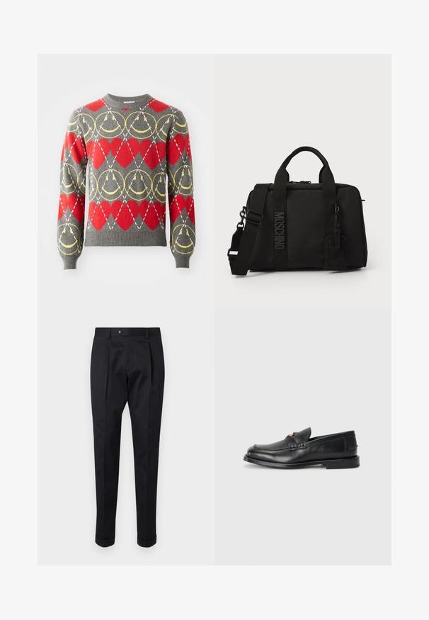 Grey sweater with red hearts and yellow circular patterns, featuring white dashed lines in a diamond grid across the design.; Black trousers made of a smooth fabric, featuring a fold at the front, a button closure, and rolled cuffs at the ankle.; Black leather loafers feature a rounded toe, stitched detailing, and a small gold accent on the front. The sole is flat and discreet.; Black textile bag with dual handles and detachable shoulder strap. Features embossed logo and leather tag. Smooth texture, rectangular shape.
