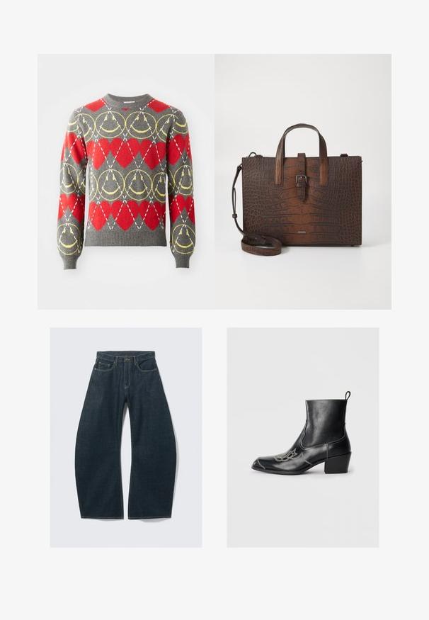 Harmaa neule, jossa on punaisia sydämiä ja keltaisia pyöreitä kuvioita, ja jonka päällä on valkoisia katkoviivoja timanttikuviossa.; Tummansiniset leveälahkeiset farkut denimiä, joissa viisi taskua, näkyvät saumat, nappikiinnitys ja siisti viimeistely.; Mustat nahkaiset nilkkurit, joissa on neliönmuotoinen kärki, koristeompeleet ja matala blokki korko. Varusteena vetonauha helppoa pukemista varten.; Ruskea krokotiilien kuviollinen nahkakäsilaukku, jossa on yläkahvat ja irrotettava olkahihna. Ominaisuuksiin kuuluu solkilukko ja suorakulmainen muoto.