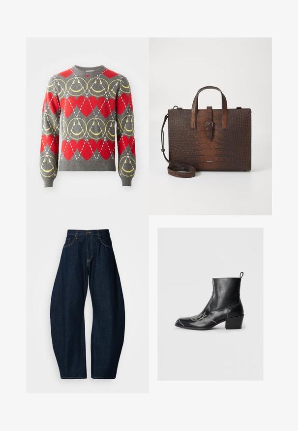 Grauer Pullover mit roten Herzen und gelben kreisförmigen Mustern, versehen mit weißen gepunkteten Linien in einem Rautenmuster über das Design.; Dunkelblaue Jeans mit weitem Bein, ausgeführt mit auffälligen Nähten, fünf Taschen und einem Messingknopfverschluss am Bund.; Schwarze Lederstiefeletten mit quadratischer Zehenform, dekorativen Nähten und einem niedrigen Blockabsatz. Mit einer Schlaufe zum einfachen Anziehen.; Braune Handtasche aus geprägtem Leder mit Ktopfhörern und einem abnehmbaren Schultergurt. Verfügt über einen Schnappverschluss und hat eine rechteckige Form.