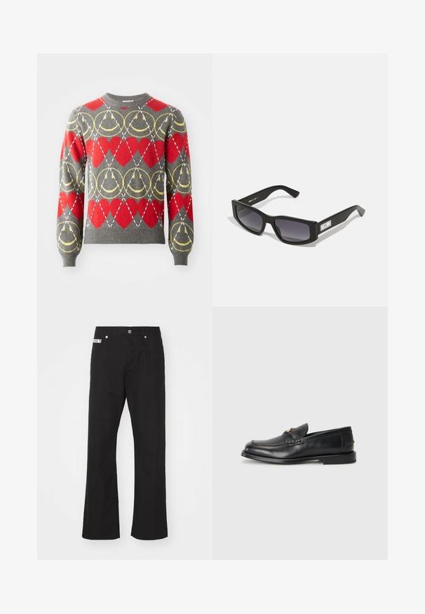 Grey sweater with red hearts and yellow circular patterns, featuring white dashed lines in a diamond grid across the design.; Black cotton trousers with a straight-leg design, featuring a front button closure, two side pockets, and a small brand label on the waistband.; Black leather loafers feature a rounded toe, stitched detailing, and a small gold accent on the front. The sole is flat and discreet.; Black sunglasses with a chunky rectangular frame, gradient gray lenses, and a white logo accent on the side. Smooth plastic material.
