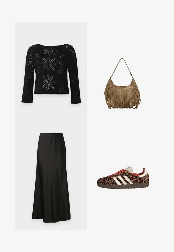 Pullover nero corto con maniche lunghe, caratterizzato da un motivo floreale creato da una trama a rete aperta. Collo rotondo e dettaglio a costine sull'orlo.; Gonna maxi in satin nero con texture liscia, vita alta e fondo svasato. Caratterizzata da un design semplice senza motivi visibili o accessori.; Sneaker con stampa leopardata in materiale scamosciato, lacci rossi e tre strisce bianche sui lati. Presentano una linguetta di colore crema e una suola marrone.; Borsa a tracolla in suede marrone con lunghi dettagli in frange, forma curva e una singola tracolla. Presenta una superficie liscia e testurizzata.