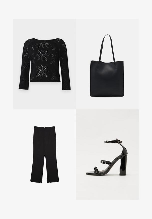 Pullover nero corto con maniche lunghe, caratterizzato da un motivo floreale creato da una trama a rete aperta. Collo rotondo e dettaglio a costine sull'orlo.; Pantaloni neri a gamba dritta, con tasche frontali e spacchi laterali all'orlo. Realizzati in tessuto morbido e liscio. Adatti a diverse occasioni.; Sandali con tacco in vernice nera, con punta squadrata, cinturini alla caviglia e fibbie in argento. Presentano un tacco a blocco spesso per maggiore stabilità.; Borsa tote in pelle nera con texture liscia, forma rettangolare e due manici lunghi. Nessun hardware o decorazione visibile.