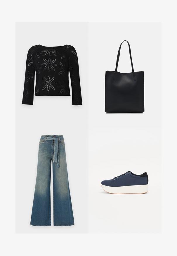 Pull noir court à manches longues, avec un motif floral créé par un tricot ajouré. Encolure arrondie et détail côtelé à l'ourlet.; Pantalons en denim à jambe large présentant un dégradé de bleu clair à bleu foncé, taille haute, passants de ceinture et une ceinture en tissu assortie. Finition en denim texturé.; Baskets bleu marine avec un upper en tissu texturé, semelle plateforme blanche, bout arrondi et accent noir au talon. Dispose de six œillets pour les lacets.; Sac fourre-tout en cuir noir avec une texture lisse, de forme rectangulaire et deux longues poignées. Pas de matériel ou d'ornementations visibles.
