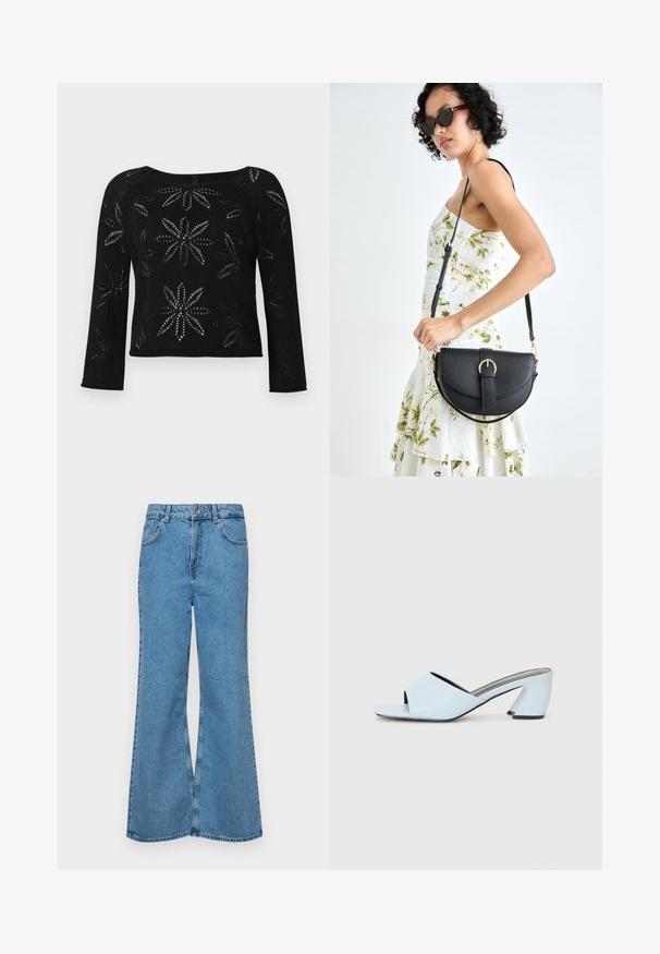Pull noir court à manches longues, avec un motif floral créé par un tricot ajouré. Encolure arrondie et détail côtelé à l'ourlet.; Jean flare bleu clair en denim, avec une taille haute, cinq poches et une fermeture à un bouton. Texture douce avec une finition décolorée.; Mules à talons ouverts bleu clair avec un design géométrique, dotés d'une large bride sur le pied et d'un talon épais et angulaire.; Sac à main en cuir noir avec une forme courbée, bandoulière amovible et des accessoires en or. Le sac est doté d'un rabat avec un détail de boucle.