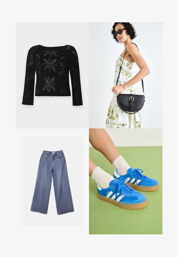 Fekete, rövidített pulóver hosszú ujjakkal, nyitott kötésű mintázattal díszítve, amely virágmintát alkot. Kerek nyakkivágás és bordás szegély részlet.; Széles szárú farmernadrág világoskék mosásban, magas derékkal, elülső zsebekkel és gombos záródással, övlyukakkal.; Kék velúr tornacipők fehér csíkkal, gumi talppal, kerek orral és szövetfűzővel. Krém színű zoknikkal párosítva, zöld felületen.; Fekete bőrtáska ívelt formával, levehető pánttal és arany színű fémrészekkel. A táskán egy csattal díszített fedél található.