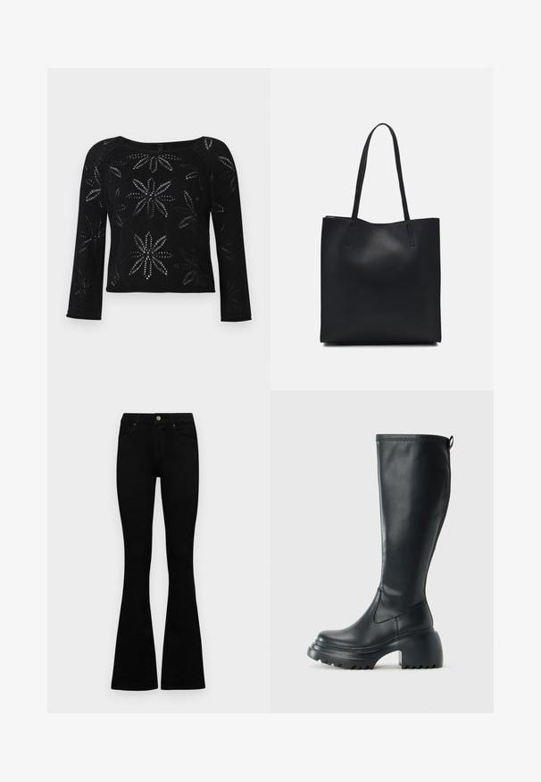 Sweater preto cropped com mangas longas, apresentando um padrão floral criado por textura de malha aberta. Decote redondo e detalhe de bainha canelada.; Jeans pretos de cintura alta com fecho de botão e zíper, bolsos frontais e pernas largas dispostos em cima de um fundo branco.; Bota preta de couro alta com sola de plataforma robusta e salto bloco, apresentando puxador e padrão texturizado na sola.; Bolsa tote preta em couro com textura lisa, forma retangular e duas alças longas. Sem hardware ou enfeites visíveis.