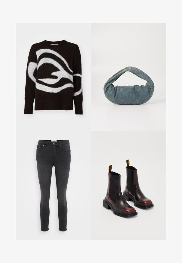 Maglione a motivi marroni e bianchi, realizzato in tessuto morbido, con scollatura rotonda e maniche lunghe caratterizzate da un design fluido e astratto.; Jeans skinny neri in denim. Presentano una chiusura frontale con bottone e una tasca con zip in vita. Texture liscia con minima scoloritura.; Dr. Martens MAYBOLE CHELSEA - Stivaletti con plateau - black/cherry red; Borsa in denim blu con una forma arrotondata e imbottita e una maniglia curva. La texture è morbida, con cuciture visibili e una finitura liscia.