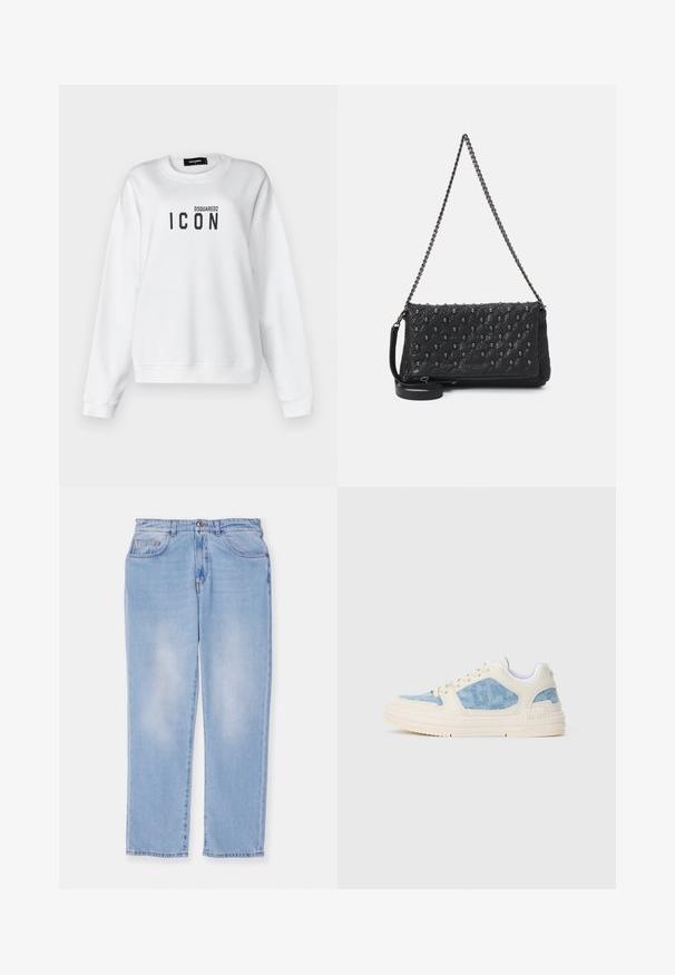 Witte sweatshirt van een katoenmix met een ronde halslijn, verlaagde schouders en een zwart "ICON" logo op de voorkant. Strak ontwerp.; Lichtblauwe denim jeans met een rechte pijp, voorzien van vijf zakken, een knoop-en-ritsluiting en minimale vervaging.; Lage sneakers met een crèmekleurige bovenkant en lichtblauwe denim accenten. Voorzien van textuurpanelen, ronde veters en een rubberen zool.; Zwarte gewatteerde leren tas met een kettinghengsel, voorzien van schedelaccenten en een ritssluiting. Getextureerd oppervlak met een glanzende afwerking.