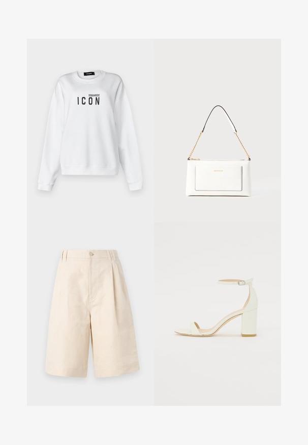 Valge puuvillasegusest kangast t-särk ümmarguse kaeluse, rippuvate õlgade ja musta "ICON" logoga esiosas. Puhtad jooned.; Beezid linane lühikesed püksid, millel on mugav lõige, nupuga sulgemine, volditud disain ja kuni põlve ulatuv lõige. Sile tekstuur ja lihtne stiil.; Valge nahast takjakandiga sandaal, millel on kinnitusrihm ja minimalistlik disain. Avatud varvastes ja sileda pinnaga.; Valge nahast kott tekstureeritud viimistlusega, millel on kuldne kettling ja mustad aktsendid. Include eesmine tasku ja tõmblukk.