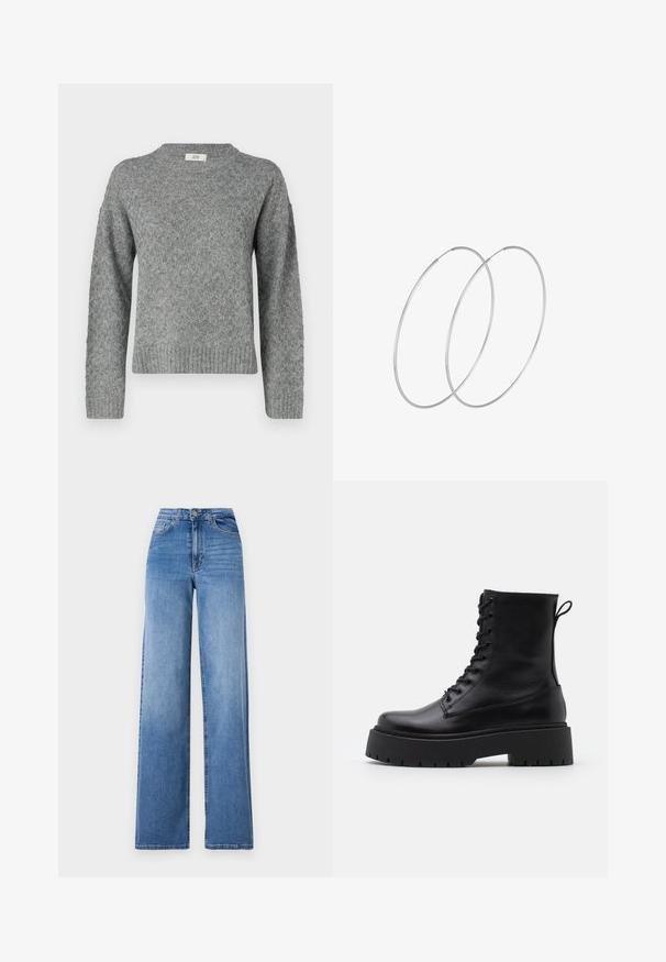 JDY JDYBIGUM O-NECK - Džemperis - medium grey; Šviesiai mėlynos plačių kojų džinsai, pagaminti iš džinsinio audinio, su aukštu liemeniu, priekinėmis kišenėmis ir standartiniu mygtuko uždarymu. Lygus paviršius.; Juodos odinės aulinukės su apvalia nosimi, raišteliais priekyje ir storesniu guminio pado apačioje su tekstūruotu raštu. Priekyje yra kilputė.; Sidabrinės pusmėnulio auskarai minimalistiniu dizainu. Apskritimo forma, lygus paviršius ir plonas profilis. Lengvi su poliruotu apdailu.