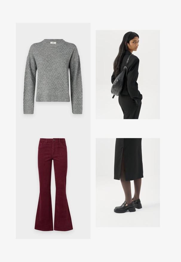 JDY JDYBIGUM O-NECK - Pullover - medium grey; Jean en velours côtelé bourgogne à jambes évasées, avec cinq poches, une fermeture à bouton sur le devant et un tissu texturé. Les évasements s'étendent du genou à l'ourlet.; Chaussures noires en cuir avec un bout arrondi, un épais talon bloc et des accents latéraux élastiques, associées à des bas foncés et une jupe noire avec une fente.; Femme avec de longs cheveux foncés portant un costume noir, portant un sac à épaule en cuir noir, regardant par-dessus son épaule contre un fond blanc.; Boucles d'oreilles en argent au design minimaliste. Forme circulaire, texture lisse et profil fin. Légères avec une finition polie.