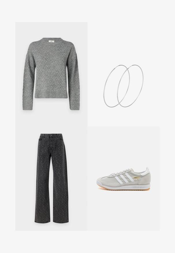 JDY JDYBIGUM O-NECK - Pulover - medium grey; Noisy May NMJANNEL LOOSE - Široke kavbojke - black denim; Svetlo sivi tenisice od antilopa i mrežaste tkanine, s tri bijele pruge, okruglim vrhom i gumenim potplatom. Zlatni logo akcent blizu vezica.; Srebrne uhane v obliki obroča z minimalističnim dizajnom. Krožna oblika, gladka tekstura in tanek profil. Lahki s poliranim zaključkom.