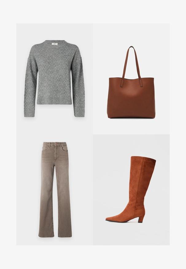 JDY JDYBIGUM O-NECK - Džemperis - medium grey; Brūnas augsta vidukļa taisnas kājas džinsi ar priekšējo pogu, jostu cilpiņām un klasisko piecu kabatu dizainu uz baltas fona.; Brūni zamšveida augstie zābaki līdz ceļiem ar smailu purngalu un mazu blokveida papēdi, ar gludu tekstūru un minimālistisku dizainu.; Brūna ādas iepirkumu soma ar gludu tekstūru, atvērta augšdaļa un divas plecu siksnas. Izceļas ar minimālām šuvēm un redzamu aparatūru nav.