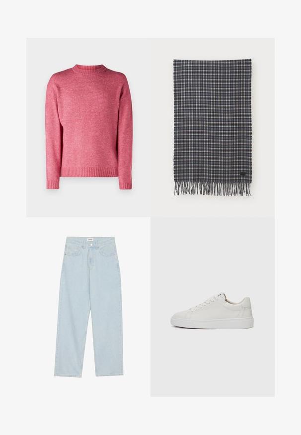Jack & Jones JOROLLIE CREW NECK - Pullover - fuchsia rose; Jeans en denim bleu clair à large jambe, avec une taille mi-haute, cinq poches et une fermeture à bouton avec un accent métallique fin.; Baskets blanches en cuir, à tige basse, avec un bout rond, une semelle en caoutchouc blanc plate et des détails de couture minimalistes. Lacets maintenus par six œillets.; Écharpe en laine tissée à carreaux bleu marine foncé et crème, ornée de bords frangés et d'une petite étiquette noire. Texture douce avec une forme rectangulaire.