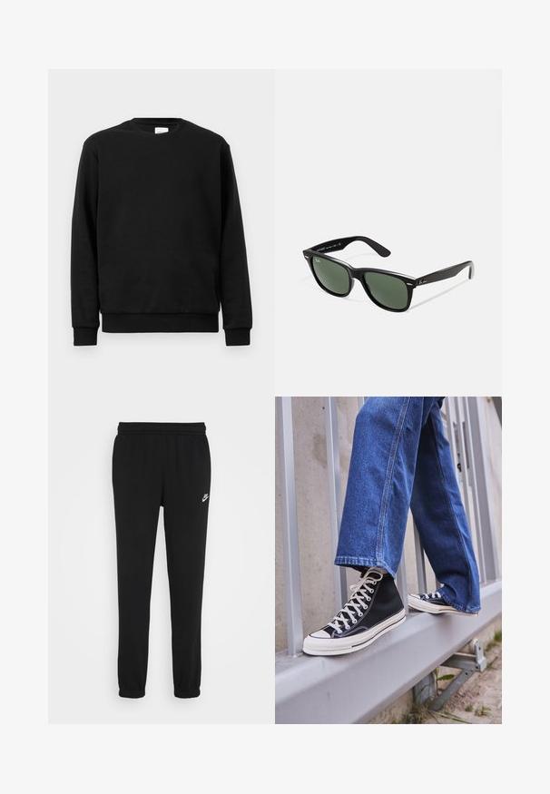 Black sweatshirt made of cotton blend fabric; features a crew neck, long sleeves, and ribbed cuffs and hem for a snug fit.; Black sweatpants with an elastic waistband, cuffed ankles, and a small white Nike logo on the left side. Made from soft textured fabric.; Black high-top sneakers with white sole and laces, paired with loose blue denim jeans, resting on a gray railing.; Black plastic sunglasses with green lenses, square frames, silver accent on the brow, and textured temple arms. Stated brand on inner arm.