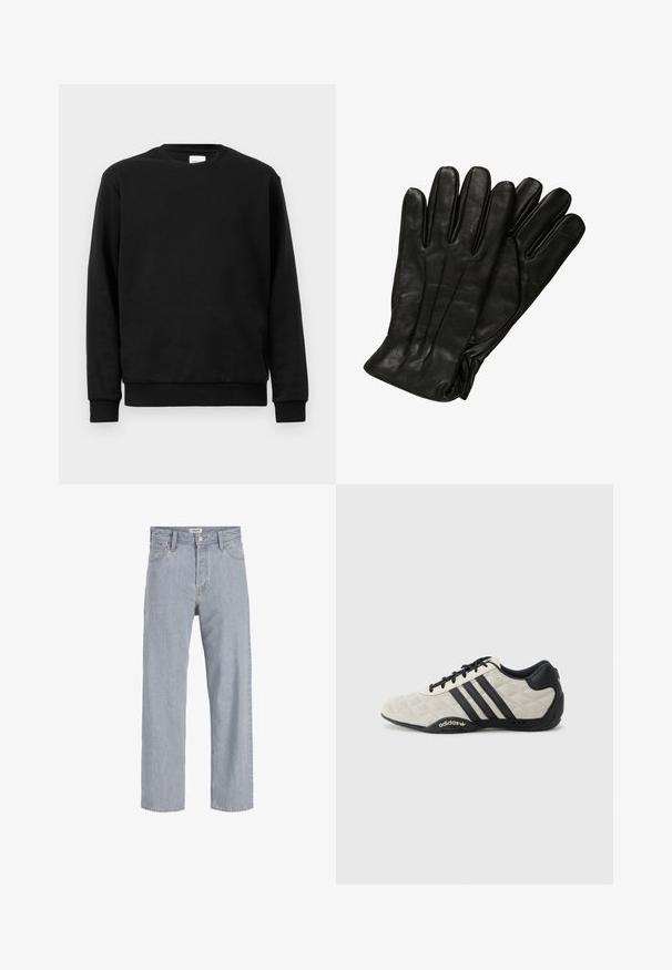 Juodas megztinis, pagamintas iš medvilnės mišinio; turi apykaklę, ilgus rankovės ir braižytus rankogalvius bei apatinę dalį, kad gerai priglustų.; Šviesiai mėlynos džinsinės kelnės su laisvu siluetu, tiesiomis kojomis, matomomis siūlėmis, dviem priekiniams kišenėmis ir mygtukų užtrauktuku.; Adidas sportiniai batai su tekstūriniu, šviesiai pilku viršumi ir juodais odos akcentais. Yra juodas trijų juostų logotipas ir paminkštintas padas.; Juodos odinės pirštinės su lygiu paviršiumi, penkiomis pirštų dalimis ir subtiliais siuvinėjimo akcentais. Klasikinis dizainas, tinkantis šaltu oru.