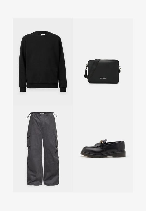 Sweatshirt preto feito de tecido de algodão misto; apresenta um decote redondo, mangas longas e punhos e bainha canelados para um ajuste justo.; Calças cargo cinzas com um tecido texturizado, cintura elástica, cordão e detalhes de bolsos laterais. Corte solto com pernas largas.; Mocassins pretos de couro com bico arredondado, franja decorativa e detalhe em dourado. Sola de borracha grossa para maior tração e durabilidade.; Bolsa crossbody retangular preta feita de material texturizado, com um fecho em metal prateado e uma alça ajustável com marca.