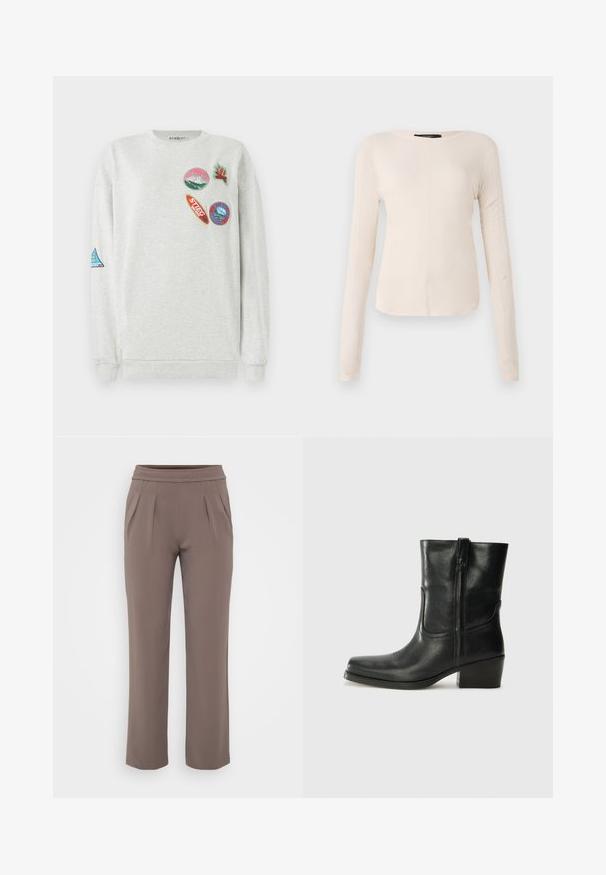 Sudadera gris claro con cuello redondo, que presenta cinco parches bordados de colores de varias formas y diseños en la parte delantera y en las mangas.; Top de manga larga, color beige claro, con cuello redondo. Fabricado en un tejido suave, presenta una costura central y un dobladillo ligeramente curvado. Sin herrajes visibles.; Pantalones sueltos color topo con cinturilla elástica y pliegues frontales, hechos de una tela suave.; Botín negro de cuero hasta el tobillo con punta redondeada, tacón cuadrado, cremallera lateral y detalles de costura en el empeine. Textura suave, diseño clásico.