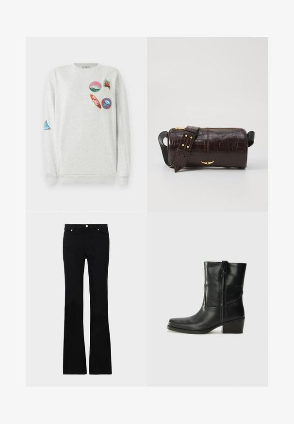 Ανοιχτό γκρι φούτερ με στρογγυλή λαιμόκοψη, διακοσμημένο με πέντε πολύχρωμα κεντημένα patches διάφορων σχημάτων και σχεδίων στο μπροστά μέρος και στο μανίκι.; Μαύρα τζιν καμπάνα από ντένιμ, με δύο μπροστινές τσέπες, κλείσιμο με κουμπί και λεία υφή. Υπογραφές ραφής ορατές στις ραφές.; Μαύρη δερμάτινη μπότες αστραγάλου με στρογγυλή μύτη, τετράγωνη φτέρνα, πλαϊνό φερμουάρ και ραφές στη μύτη. Ομαλή υφή, κλασικός σχεδιασμός.; Καφέ τσάντα από δέρμα με ανάγλυφο σχέδιο κροκοδίλου, κυλινδρικό σχήμα, χρυσές λεπτομέρειες και αποσπώμενος ιμάντας με τρουκς.