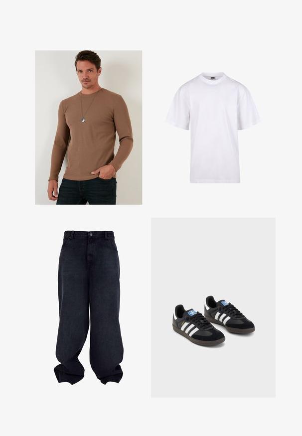 Bruine geribbelde langarmshirt van textuurstof, met een ronde halslijn en een getailleerd lijfje, gecombineerd met donkere jeans.; Witte katoenen t-shirt met een ronde hals, korte mouwen en een relaxte pasvorm. Heeft een eenvoudig ontwerp zonder patronen of accenten.; Zwarte denim broek met wijde pijpen, een gladde textuur, vijf zakken en een knoopsluiting. Heeft een relaxte pasvorm en taps toelopende zoom.; Zwarte sneakers met een bovenwerk van suède en synthetisch materiaal, voorzien van drie witte strepen, een gestructureerde rubberen zool en een blauw logo-label op de tong.