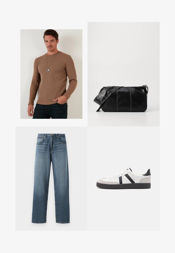Ruda siaura ilgomis rankovėmis marškinėliai, pagaminti iš tekstūruotos medžiagos, su apvalia iškirpte ir prigludusia forma, derinami su tamsiomis džinsomis.; Tiesi blue džinsai su tiesiomis kojomis, turintys nublukusią apdailą, su penkių kišenių dizainu, metaline saga ir diržo kilpomis. Tvirto vidutinio svorio audinys.; Balti sportbačiai su juodais ir pilkais akcentais, pasižymintys tekstūruotu pilku pirštų dangteliu, juoda gumine padais ir plokščiomis baltomis raišteliais. Švarus dizainas, minimalistinis stilius.; Juodas odinis pečių krepšys su užtrauktuku, turintis tekstūruotą paviršių, baltą siuvinėjimą ir dirželį su sidabinėmis metalinėmis detalėmis.